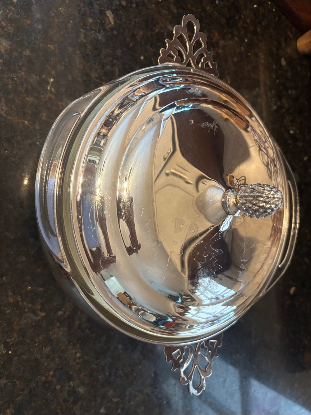 Silver Lidded Serving Dish with Decorative Handles